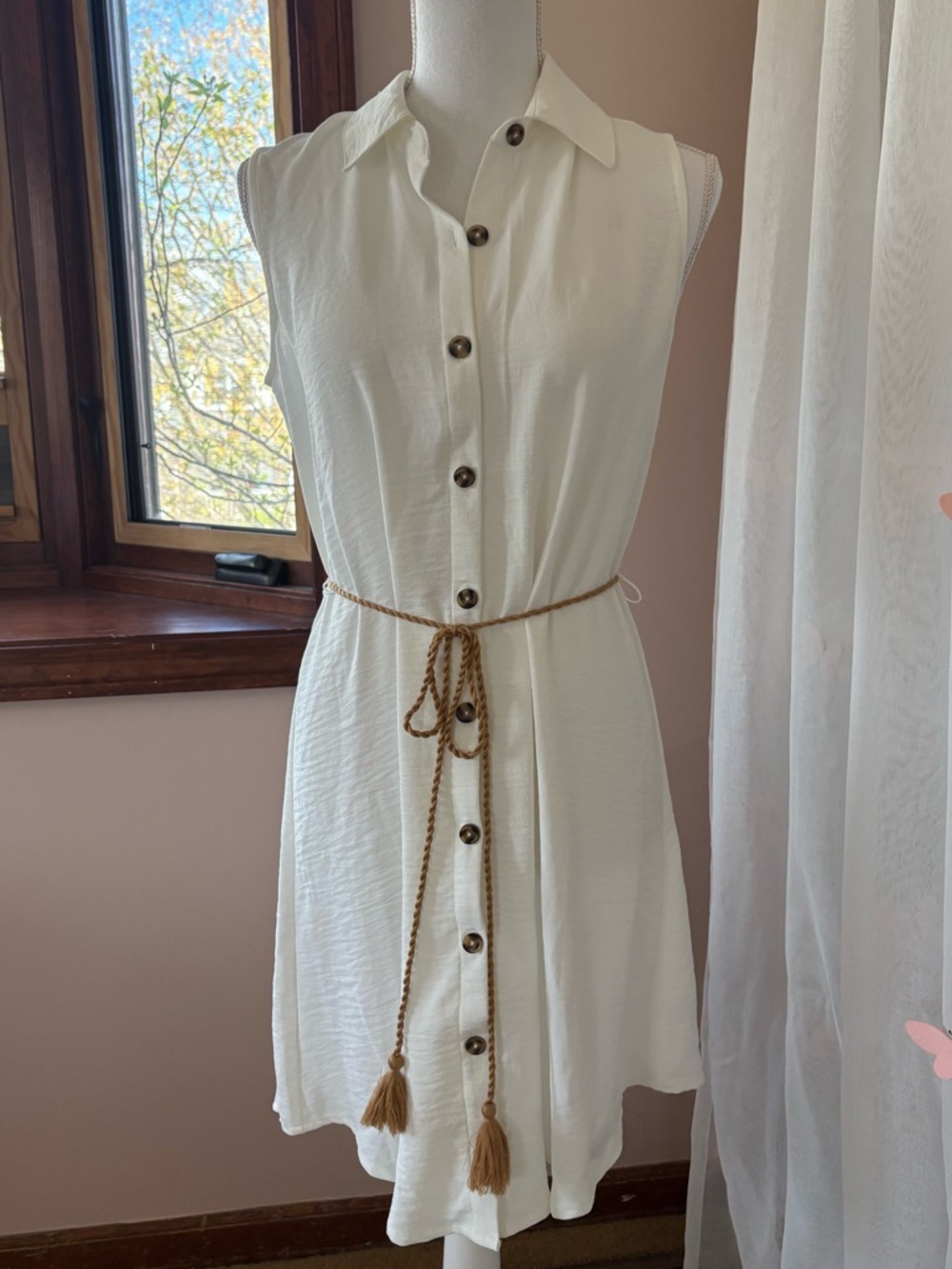 Lightweight Button-up Tassel Tie Dress